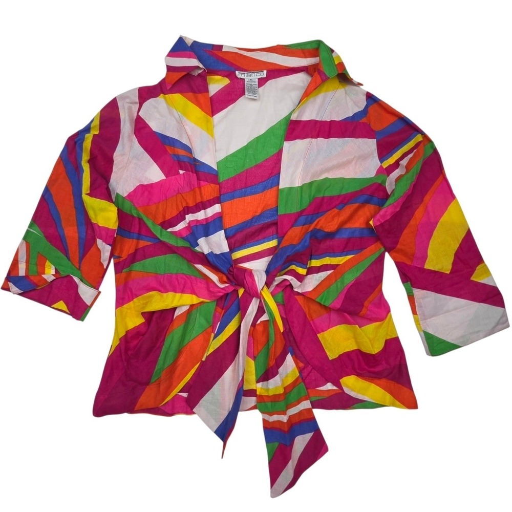 Vintage Mishca Tie Front Top Blouse XL Pink Abstract Cotton 3/4 Sleeve Boho